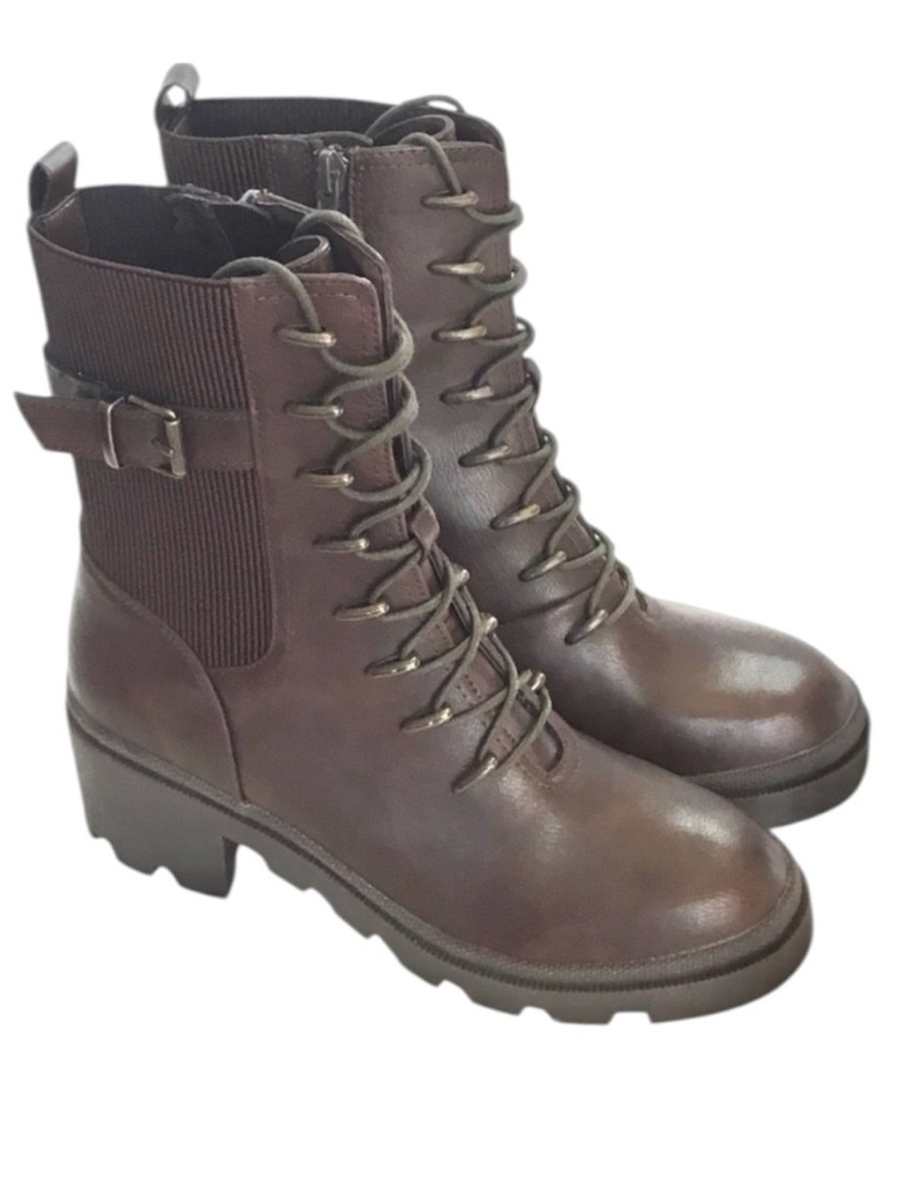 🆕TAHARI MELISSA Chunky Combat Ankle Boot Brown Vegan Leather Lace/Zip up Size-10